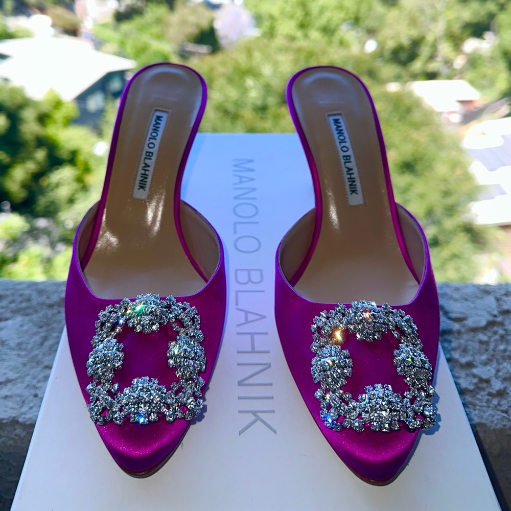 Manolo Blahnik Fuchsia Satin Crystal-Embellished Mules